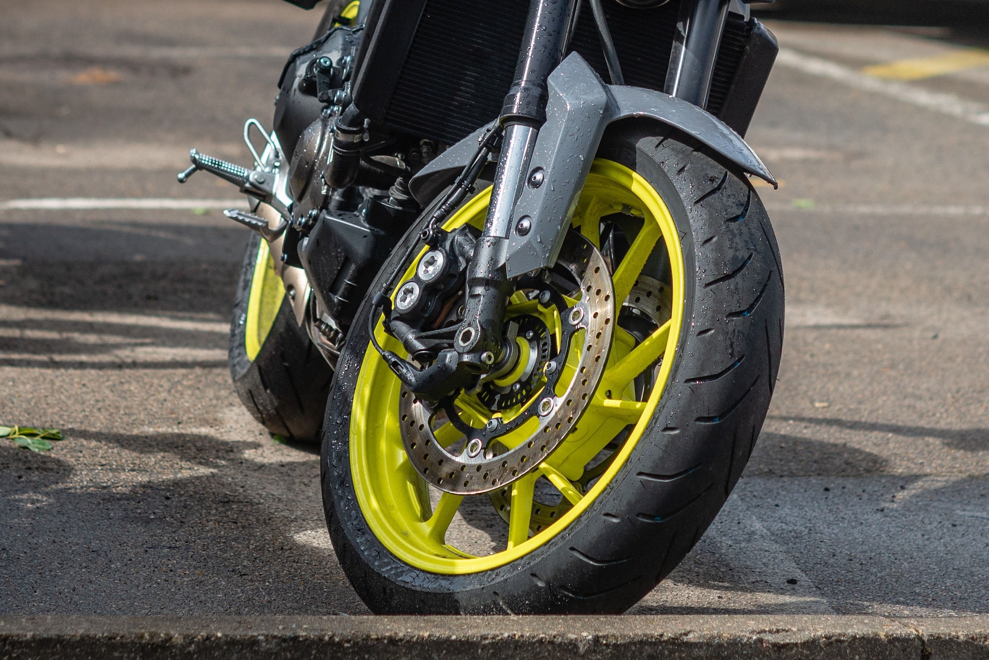 closeup tire and dish bake of street motorcycle